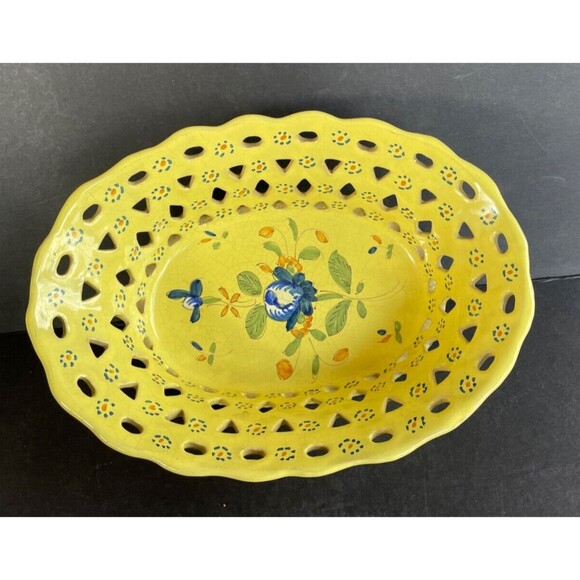Vintage Hand Painted Lattice Ceramic Basket 10" Yellow Signed France RARE - Picture 1 of 9